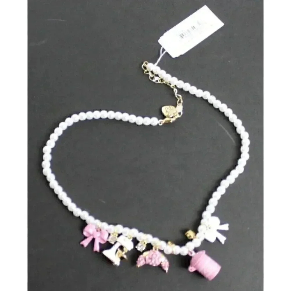 New Betsey Johnson "Baby Cakes" Pearl Charm Bow Girly Bakery Sparkle Necklace